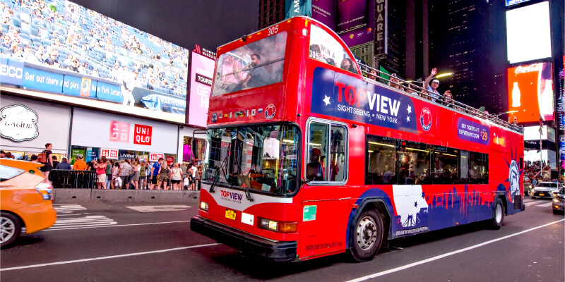 a TopView Double Decker Bus at Time Square 